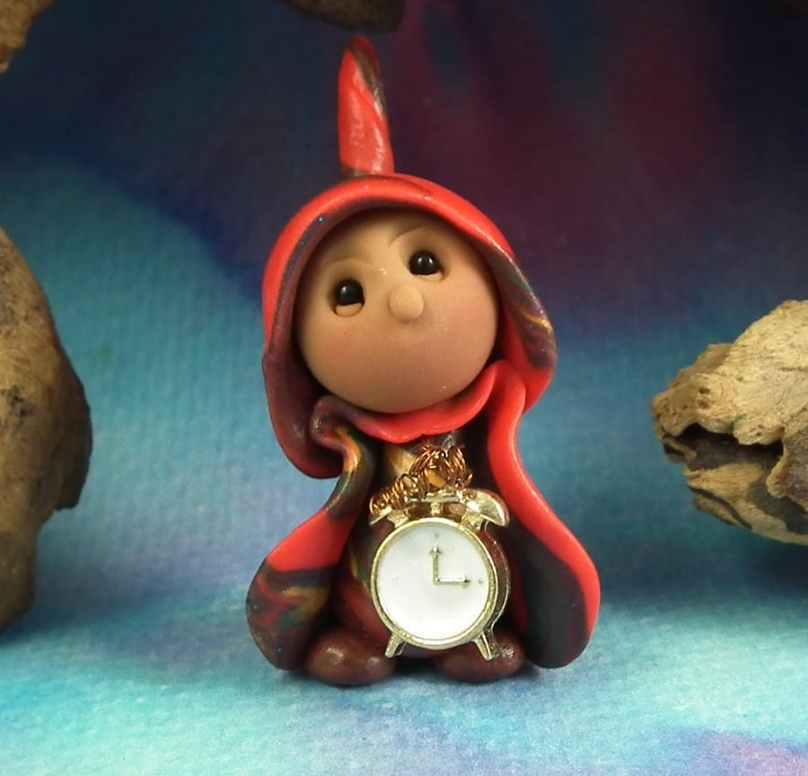 Spring Sale ... Tiny Timekeeper Gnome 'Frimm' with wired clock OOAK Sculpt