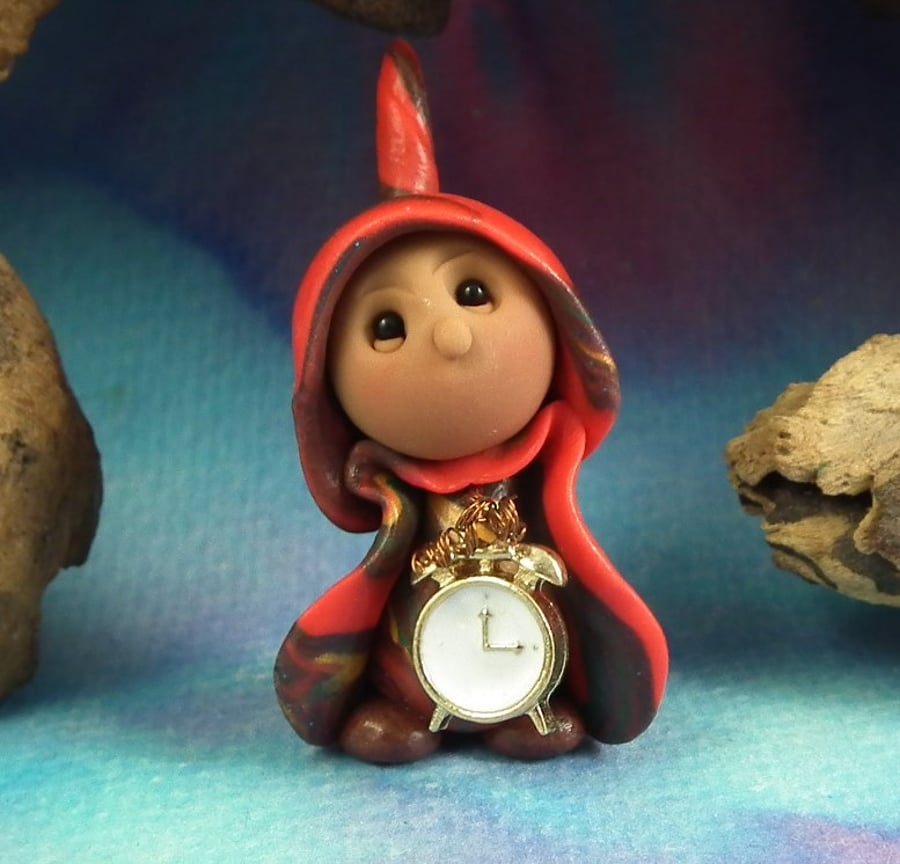Spring Sale ... Tiny Timekeeper Gnome 'Frimm' with wired clock OOAK Sculpt
