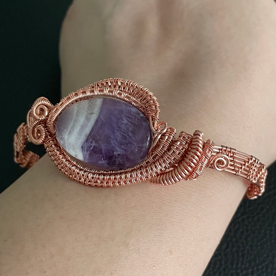 Gorgeous Wire Wrapped Amethyst and Copper Bracelet - 8.5inch