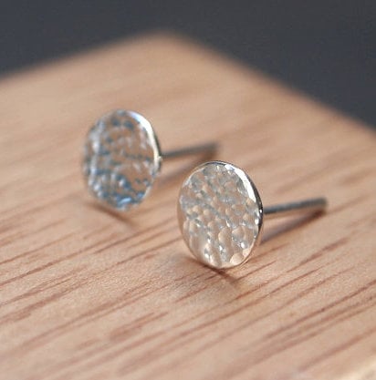 Round stud earrings, hammered silver