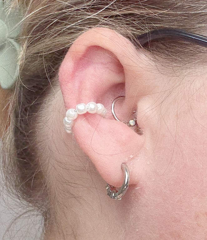 White Glass Pearl Ear Cuffs No Piercing Earrings Faux Pearl Adjustable Huggies