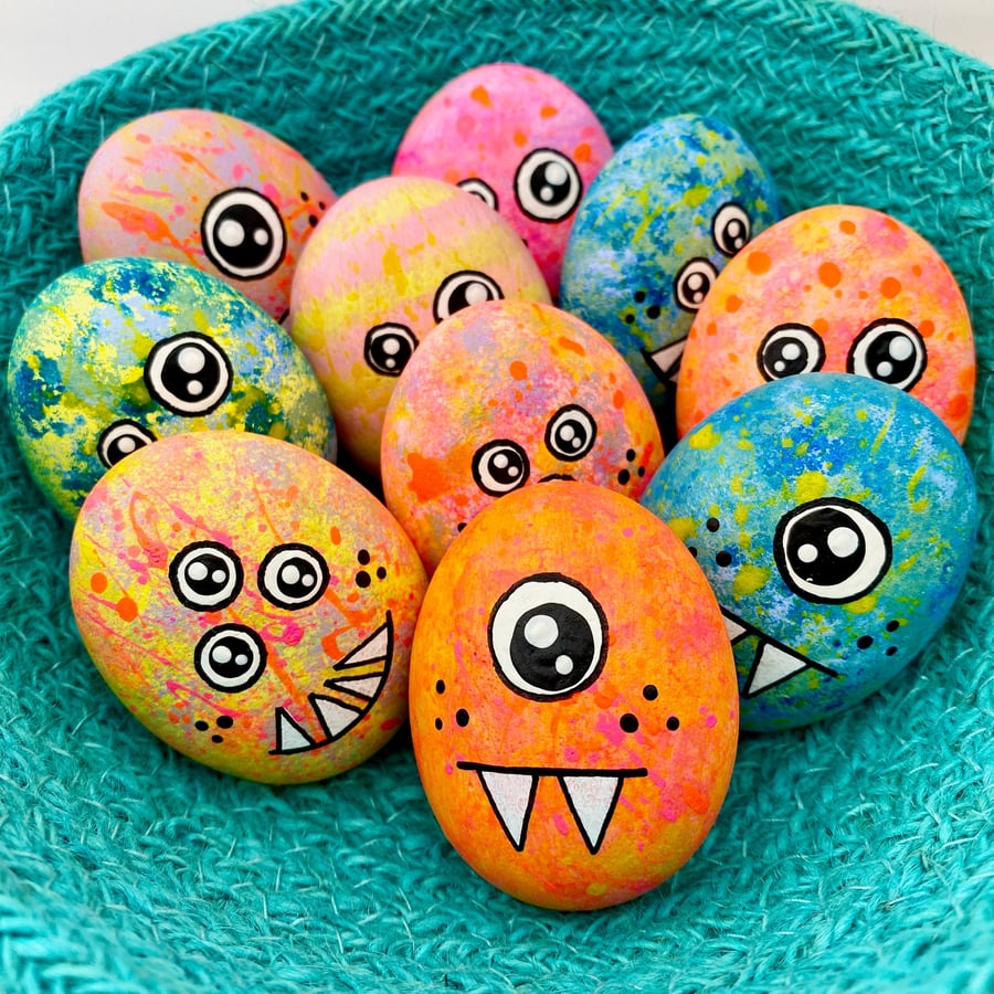 Pocket Monster, Pet Rock, Hand Painted Ceramic Stone OOAK