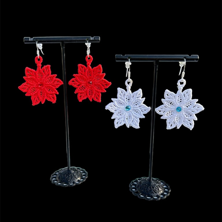 Embroidered Lace Poinsettia Earrings on Sterling Silver Hooks