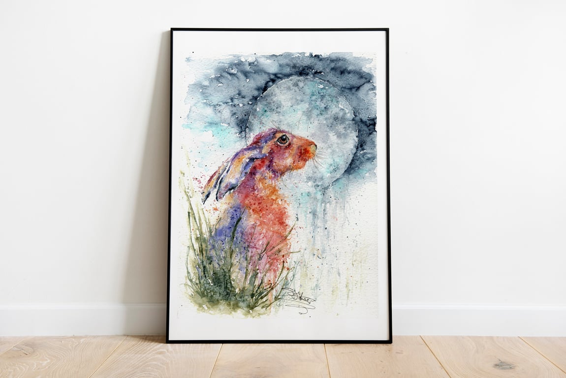 Moon gazer. A Moon Gazing Hare Art Print from an Original Watercolour Painting