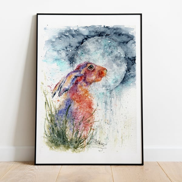 Moon gazer. A Moon Gazing Hare Art Print from an Original Watercolour Painting