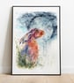 Moon gazer. A Moon Gazing Hare Art Print from an Original Watercolour Painting