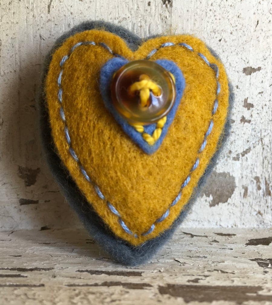 Heart Brooch in layered felt design. Free UK P & P. Heart bag charm.