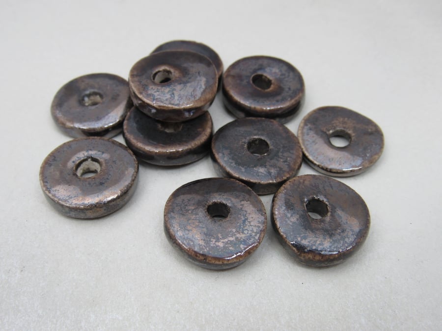 10 Medium Bronze Glazed Ceramic Washer Beads