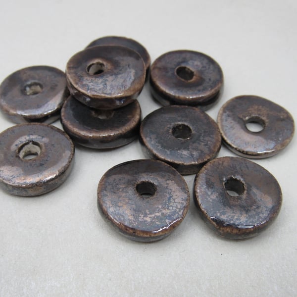 10 Medium Bronze Glazed Ceramic Washer Beads