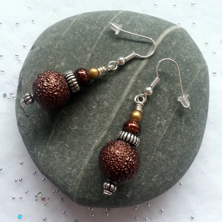 Image of Brown Copper Bead Earrings - Dark Copper Autumn Tone Drop Earrings