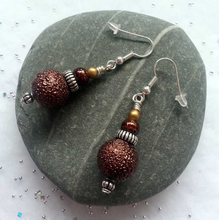 Brown Copper Bead Earrings - Dark Copper Autumn Tone Drop Earrings