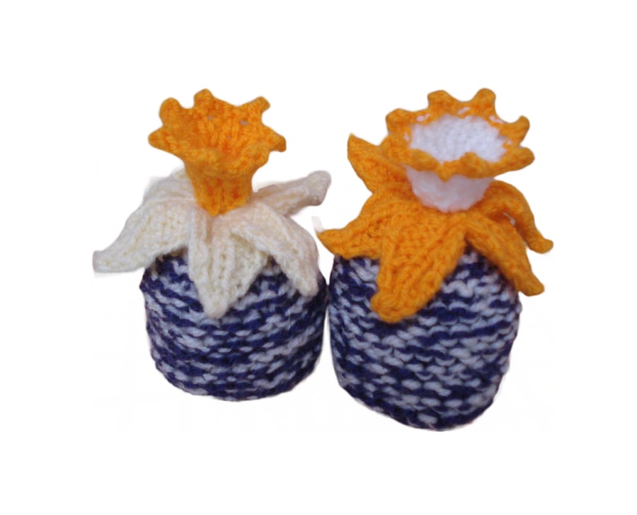 Pair Of Hand Knitted Egg Cosies With Daffodils Yellow And Orange (R903)