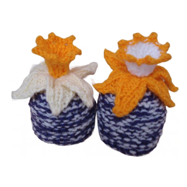 Pair Of Hand Knitted Egg Cosies With Daffodils Yellow And Orange (R903)