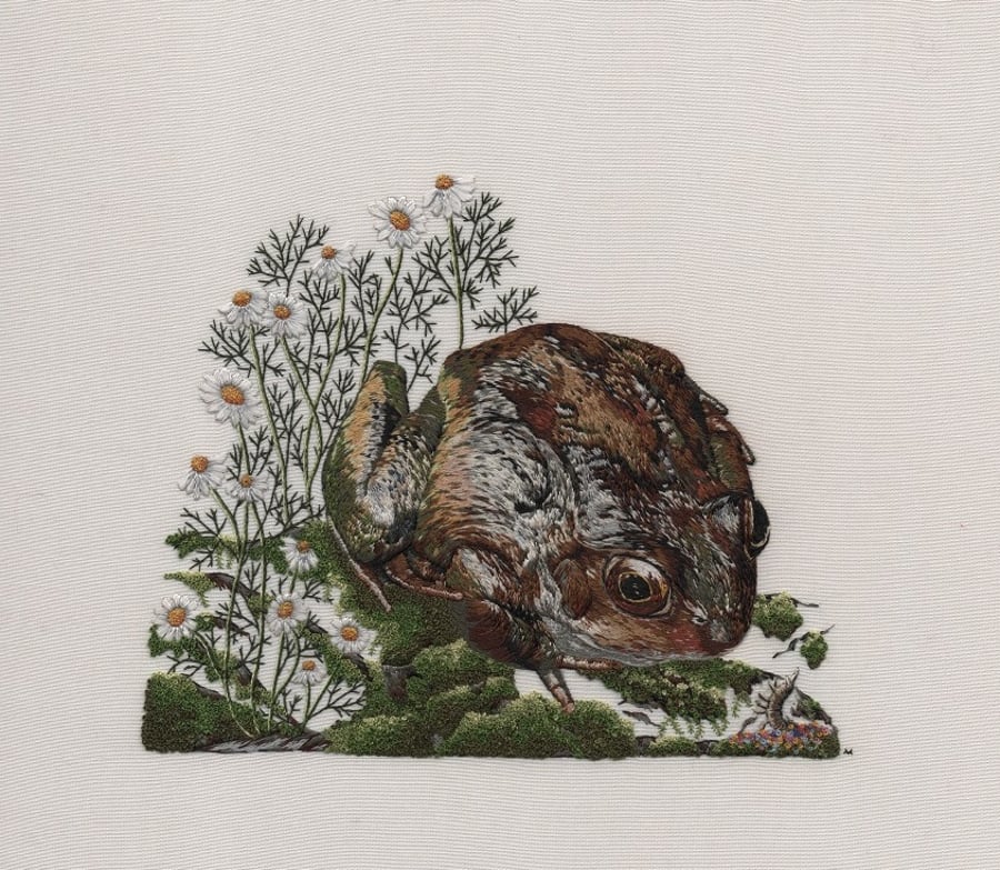 Hand Embroidered Silk Frog and Woodlouse
