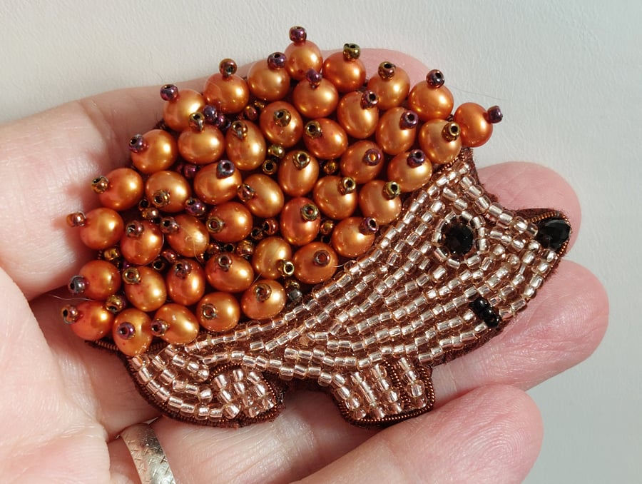 Bead Embroidered Brooch Hedgehog, Golden brown colourway