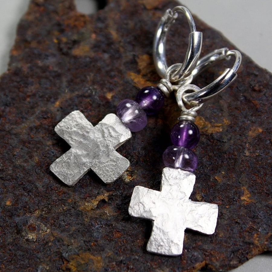 silver cross earrings Amethyst