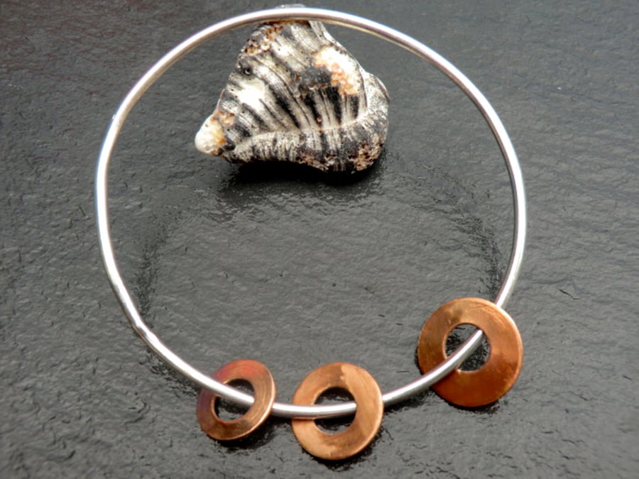 Three Sisters Bangle, sterling silver and copper discs