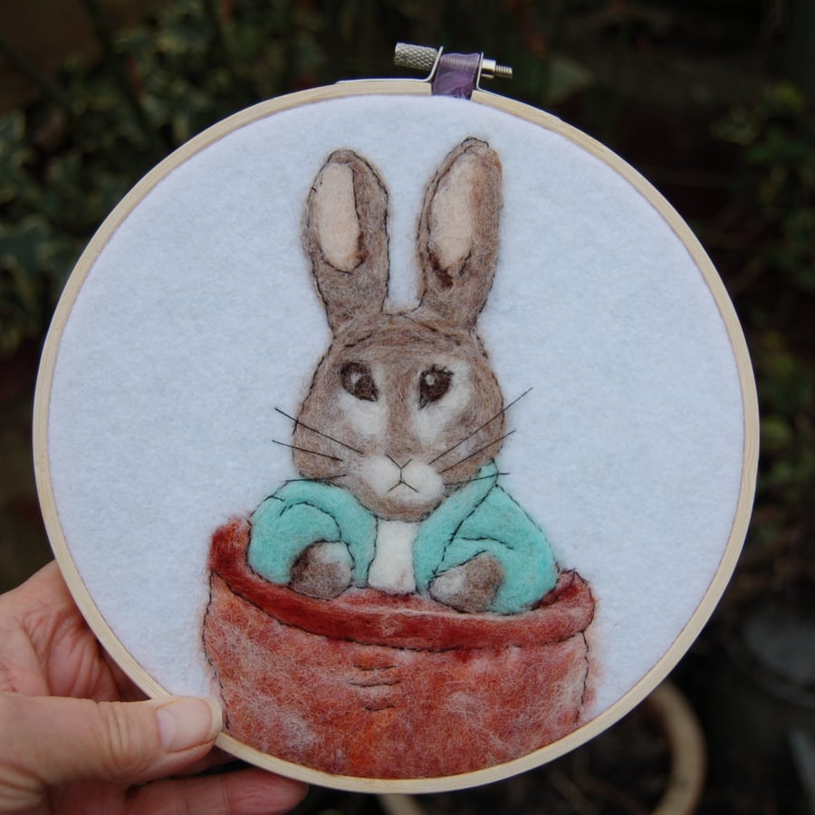 Rabbit in a Plant pot -  Needle felted  Hoop Art