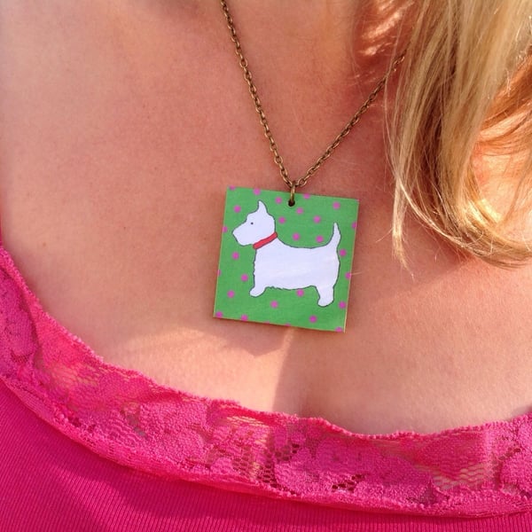 Necklace, Scottie Dog Pink & Green illustrated Wooden Necklace