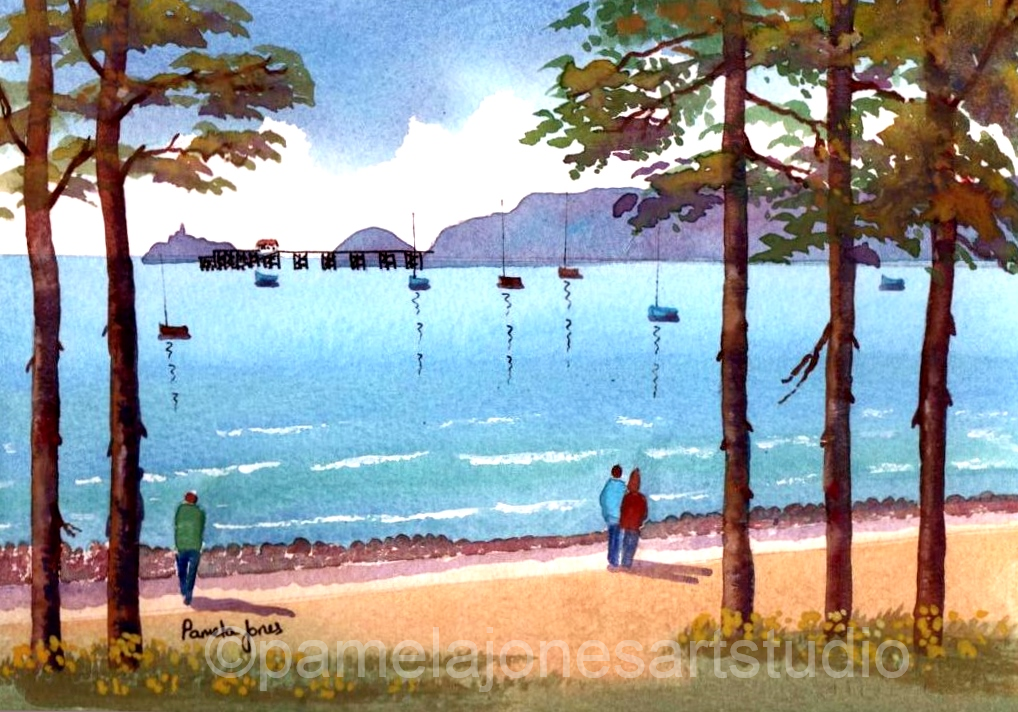 Watercolour Print :: Walking To Mumbles, South Wales, in 14 x 11'' Mount.