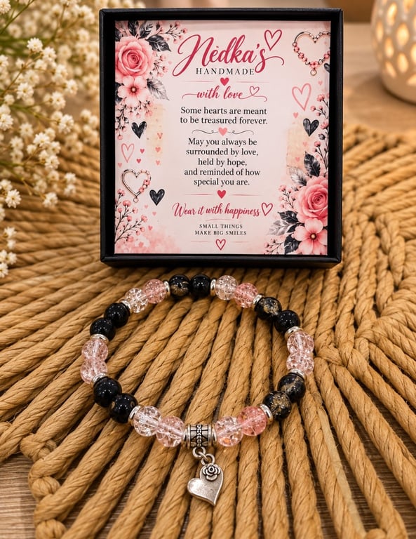 Black and Blush Pink Beaded Bracelet with Heart Charm – Handmade Jewellery