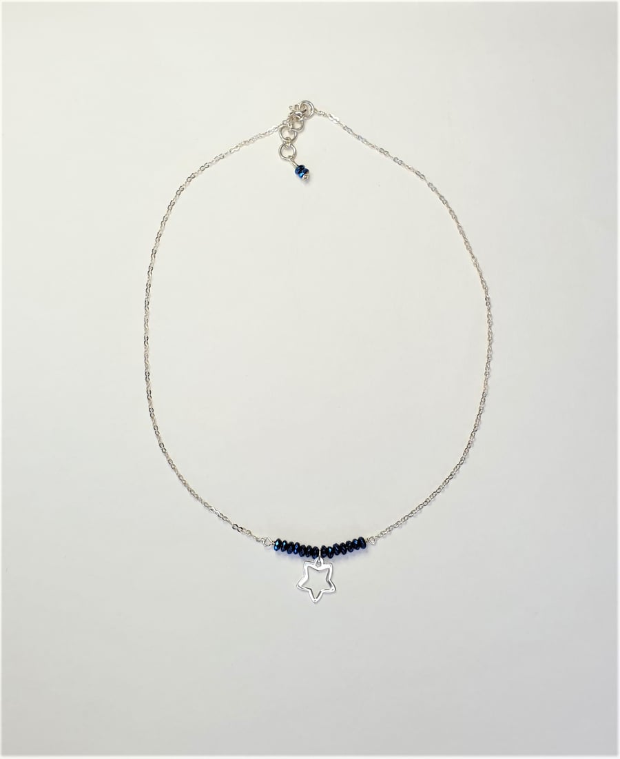 Blue Coated Hematite and Star Necklace with Sterling Silver, Trendy Choker Style