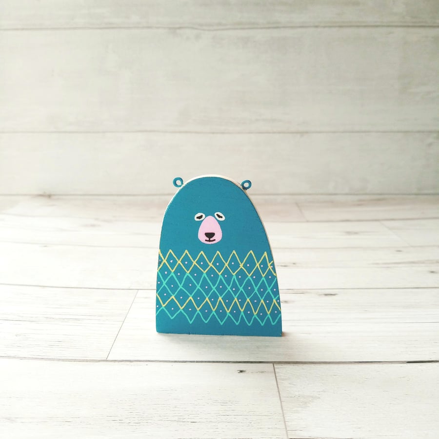 Folky Teal Bear , Handmade Wooden Bear, Reclaimed Wood, Low Waste