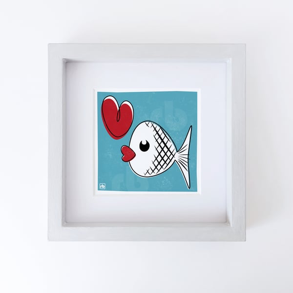 Kissy Fish, retro fish with heart illustration, original Giclee print