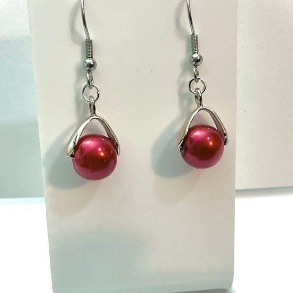 Red Bead Dangly Earrings