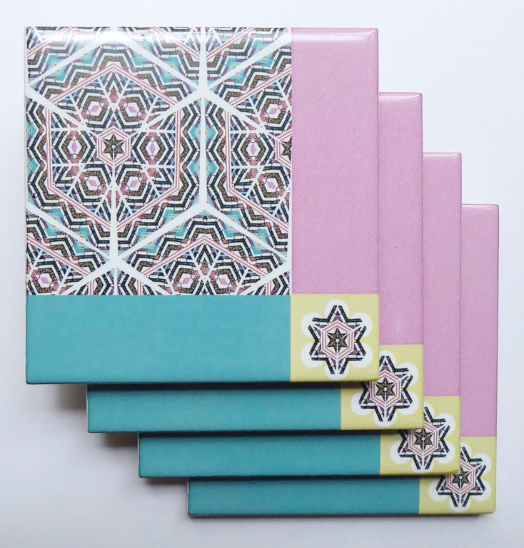 4 x Ice Cream Colour Geometric Ceramic Tile Coasters with Cork Backing