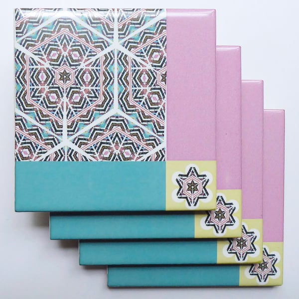 4 x Ice Cream Colour Geometric Ceramic Tile Coasters with Cork Backing