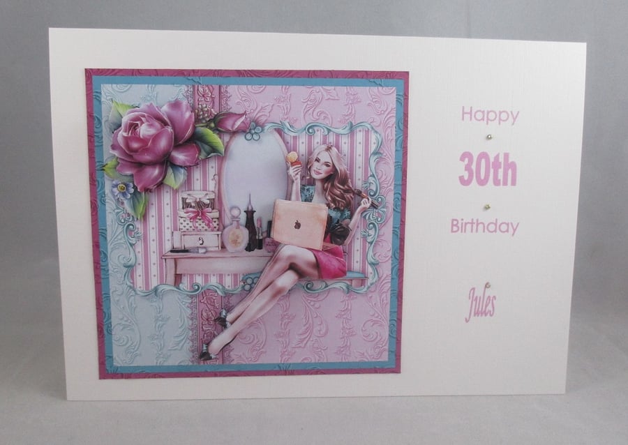Handmade Decoupage Girl, Makeup,Laptop Birthday Card, Personalise