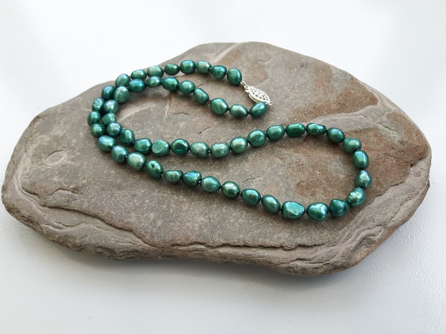 Freshwater Pearl Necklace, Teal, with Sterling Silver