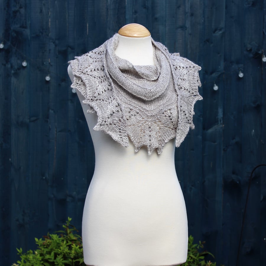 Hand knit beaded lace edged scarf in Corriedale & Tussah Silk - Design F213