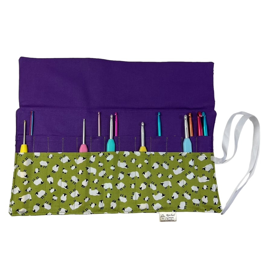 Crochet hook case with green sheep fabric, Ergonomic hook organiser,