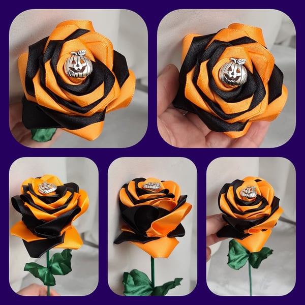 Gorgeous Handmade Pumpkin Ribbon Rose - Long Stem Artificial Forever Flower Gift