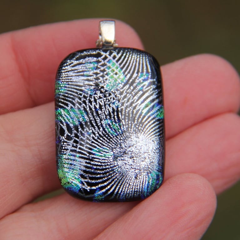 Silver and Blue two layer dichroic glass pendant, fused glass necklace F7