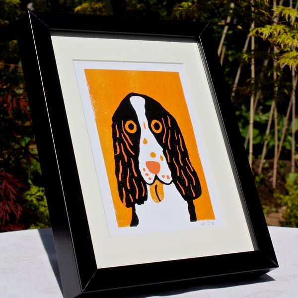 CUTE SPANIEL DOG LINOPRINTS-LIMITED EDITION-either black or wood effect frame