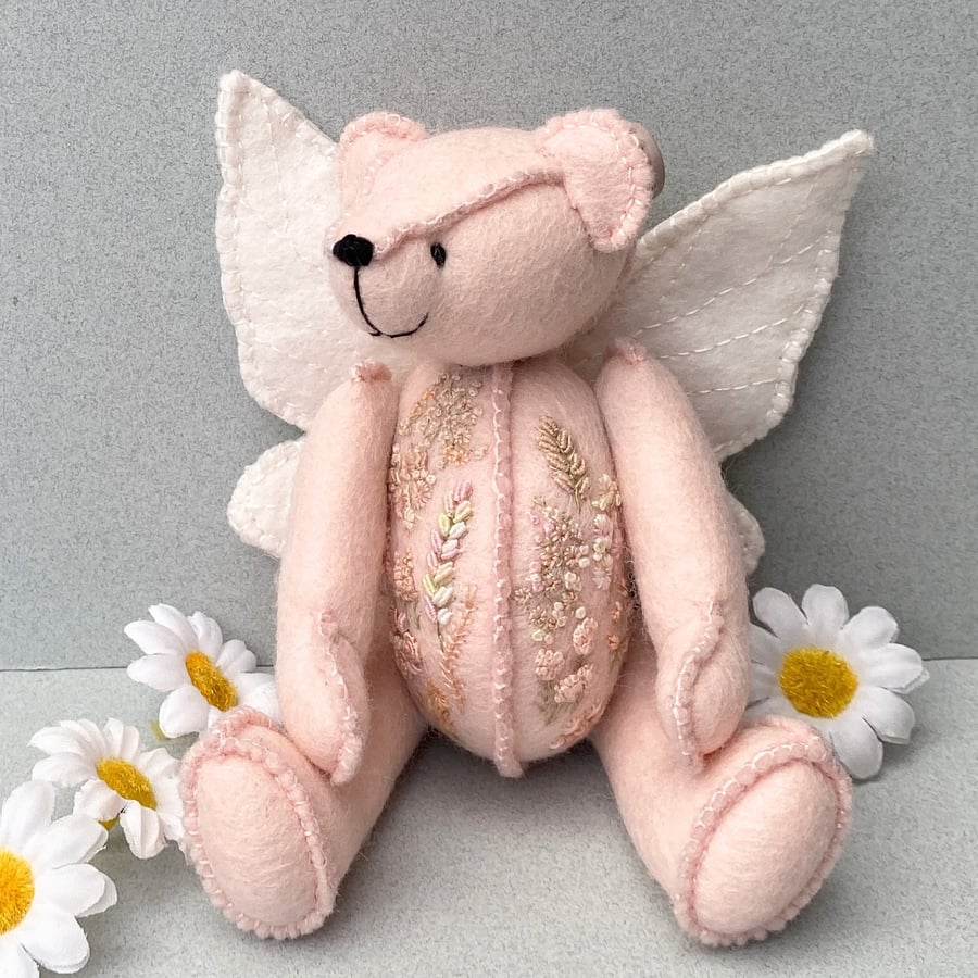 Fairy artist bear, hand embroidered one of a kind collectable teddy bear