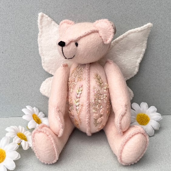 Fairy artist bear, hand embroidered one of a kind collectable teddy bear
