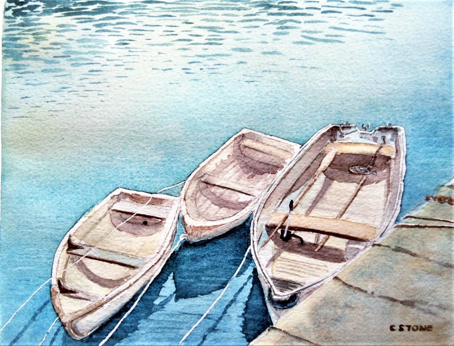 Small original watercolour painting Three Boats at Mevagissey Cornwall
