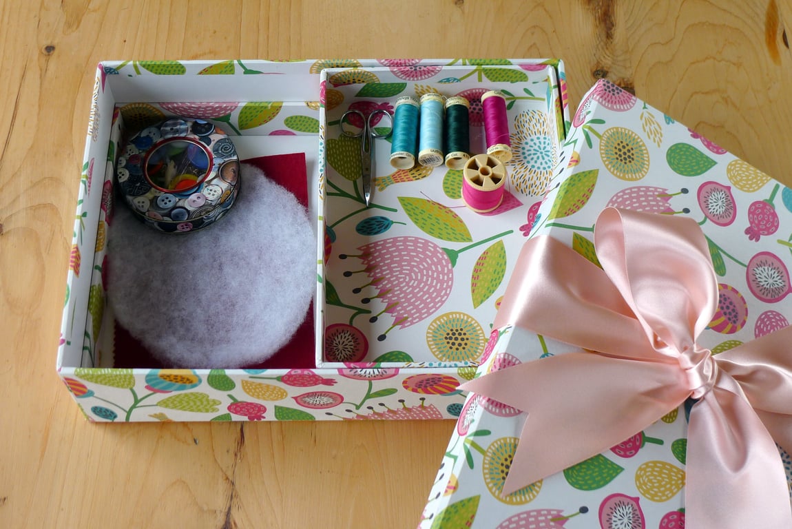 Luxury Sewing Box (Small) in Folk Floral Design  Handmade in the UK