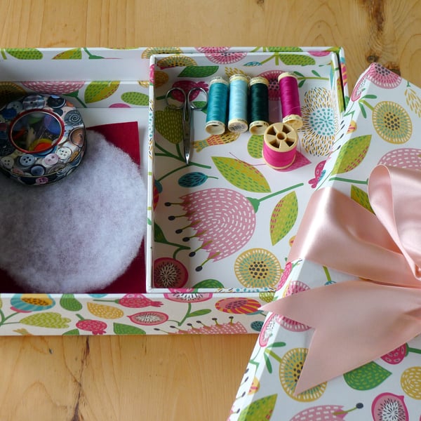 Luxury Sewing Box (Small) in Folk Floral Design  Handmade in the UK