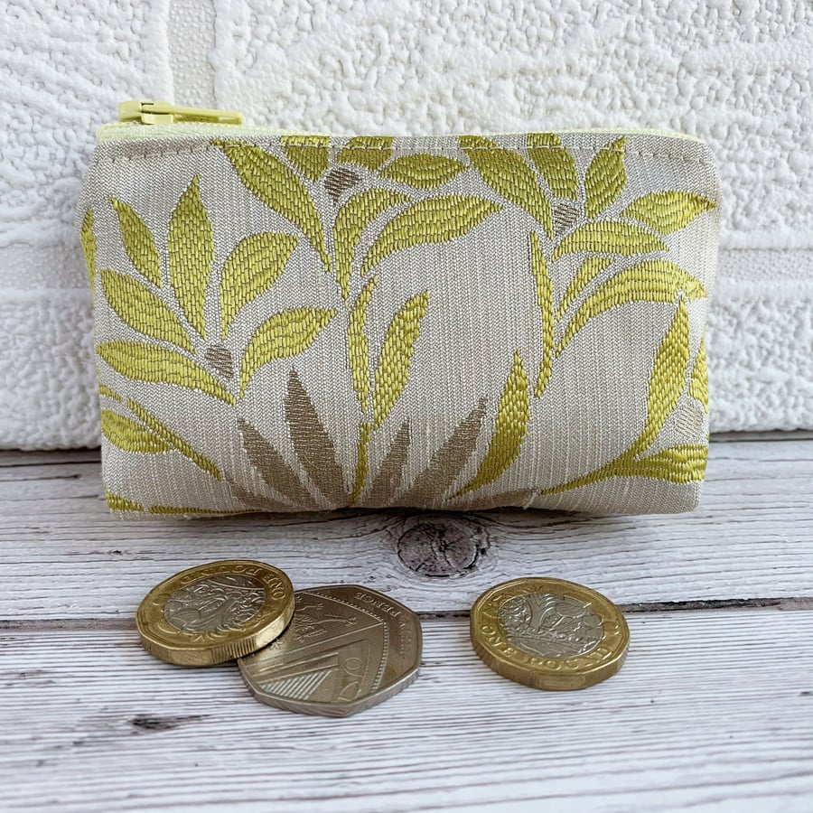 Small Purse, Coin Purse with Lustrous Gold, Lime and Silver Floral Pattern