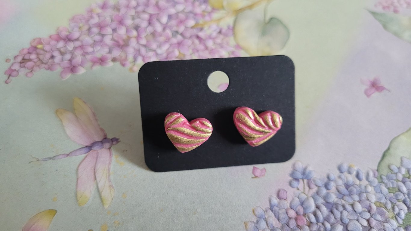 Handmade Polymer Clay Pink and Gold Heart Stud Earrings, 316 Surgical Stainless