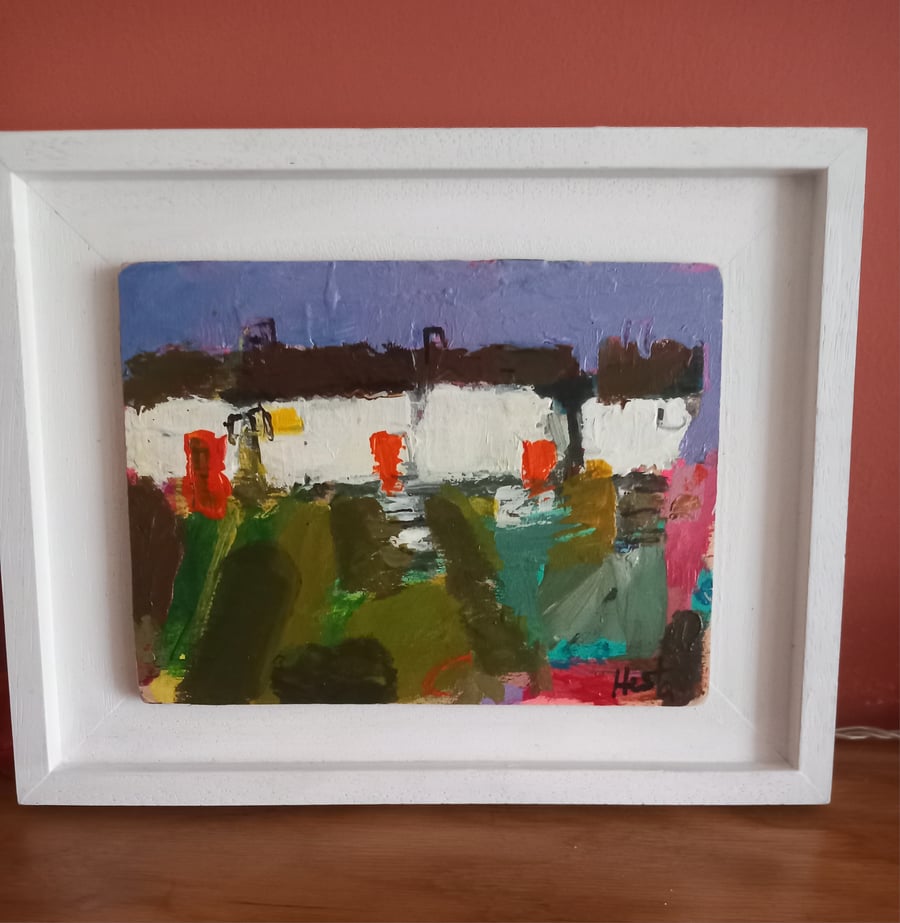 Contemporary cottage painting on wood and hand made frame 