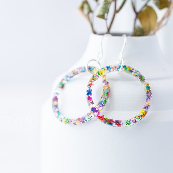 Real Flower Confetti Hoop Earrings