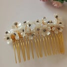 White flower hair comb with tanzanite beads