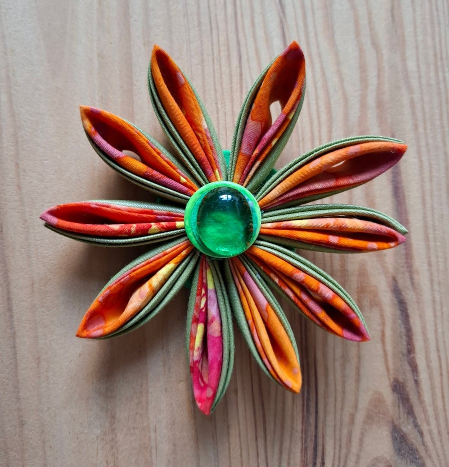 Handmade kanzashi fabric flower brooch