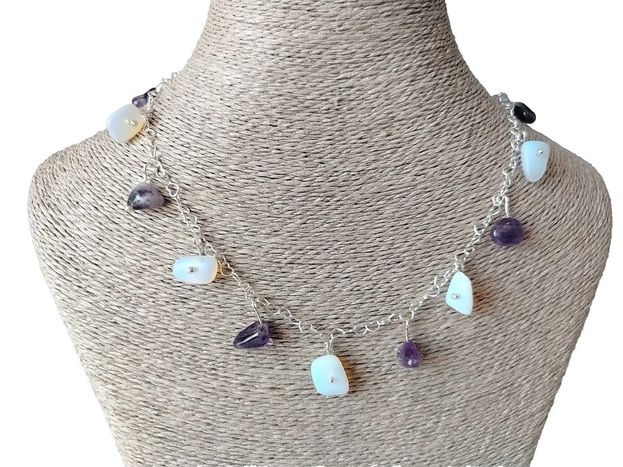 Amethyst & Seaglass Charm Necklace Sterling Silver Heart Chain Jewellery Gift